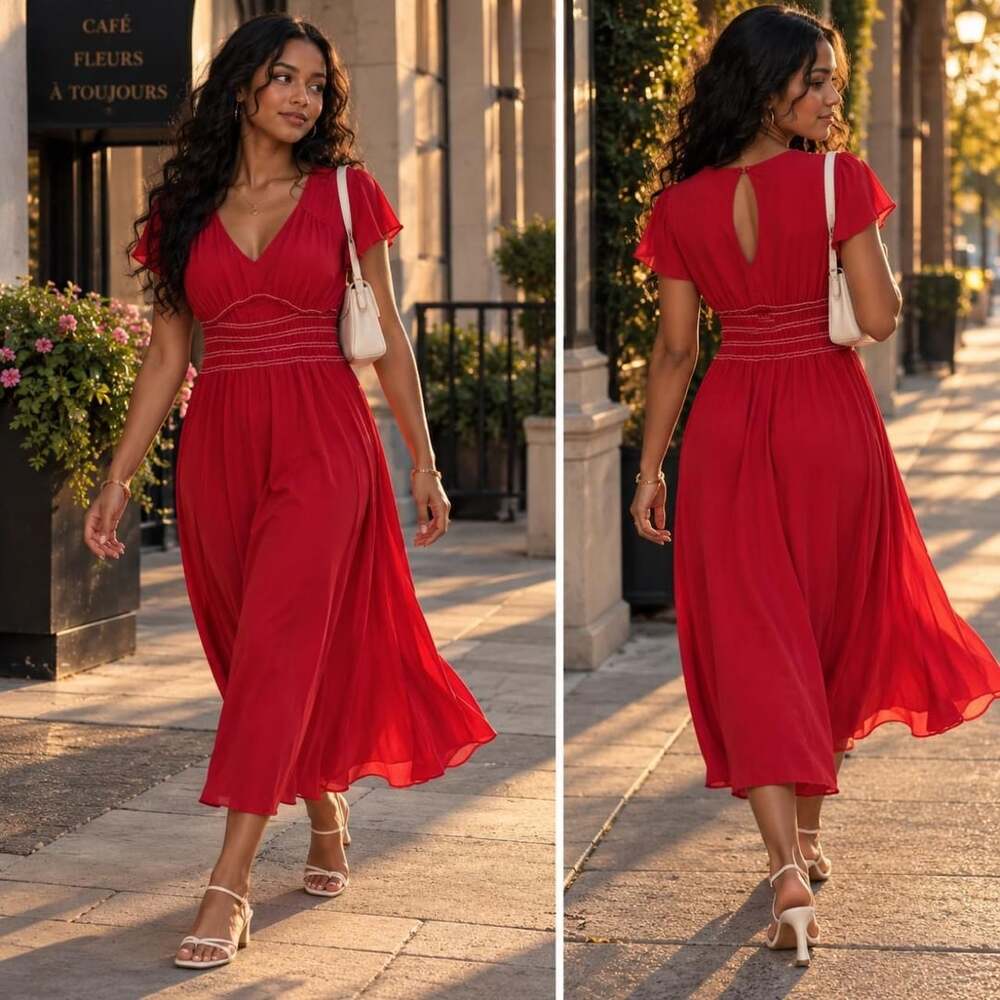 BCBGMAXAZRIA Red Smocked Waist Midi Dress